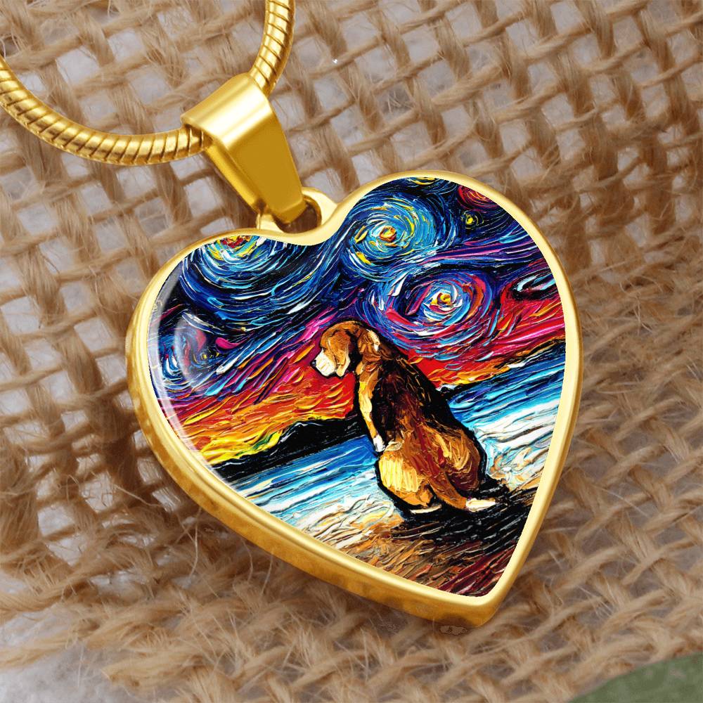 Beagle at the Beach Starry Night Heart Necklace