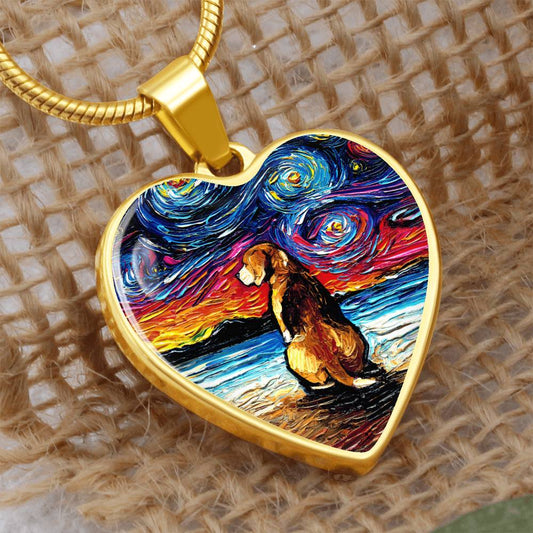 Beagle at the Beach Starry Night Heart Necklace