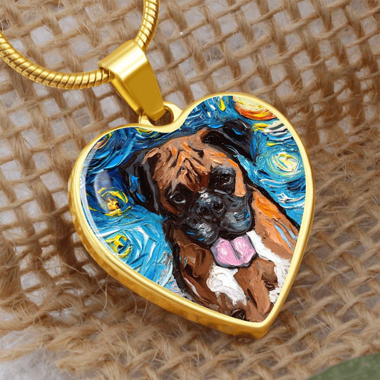 Boxer Portrait Starry Night Heart Necklace