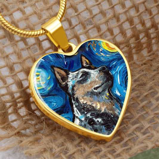 Blue Heeler Portrait Starry Night Heart Necklace