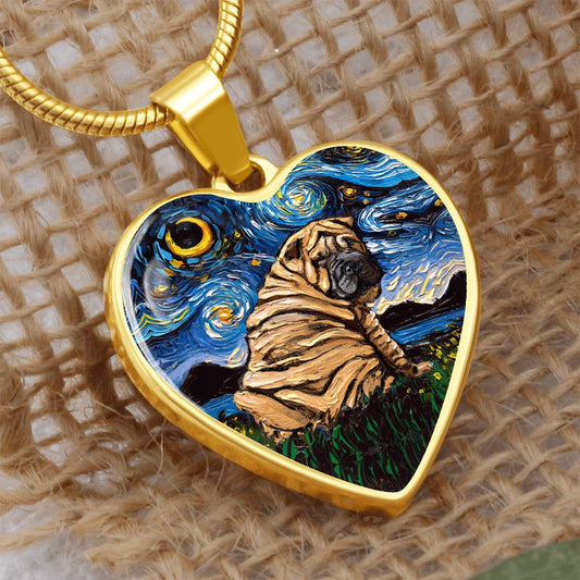 Brown Shar Pei Starry Night Heart Necklace
