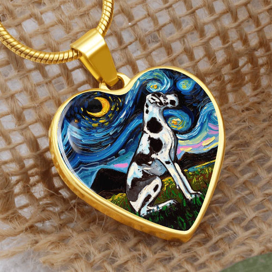 Harlequin Great Dane Starry Night Heart Necklace
