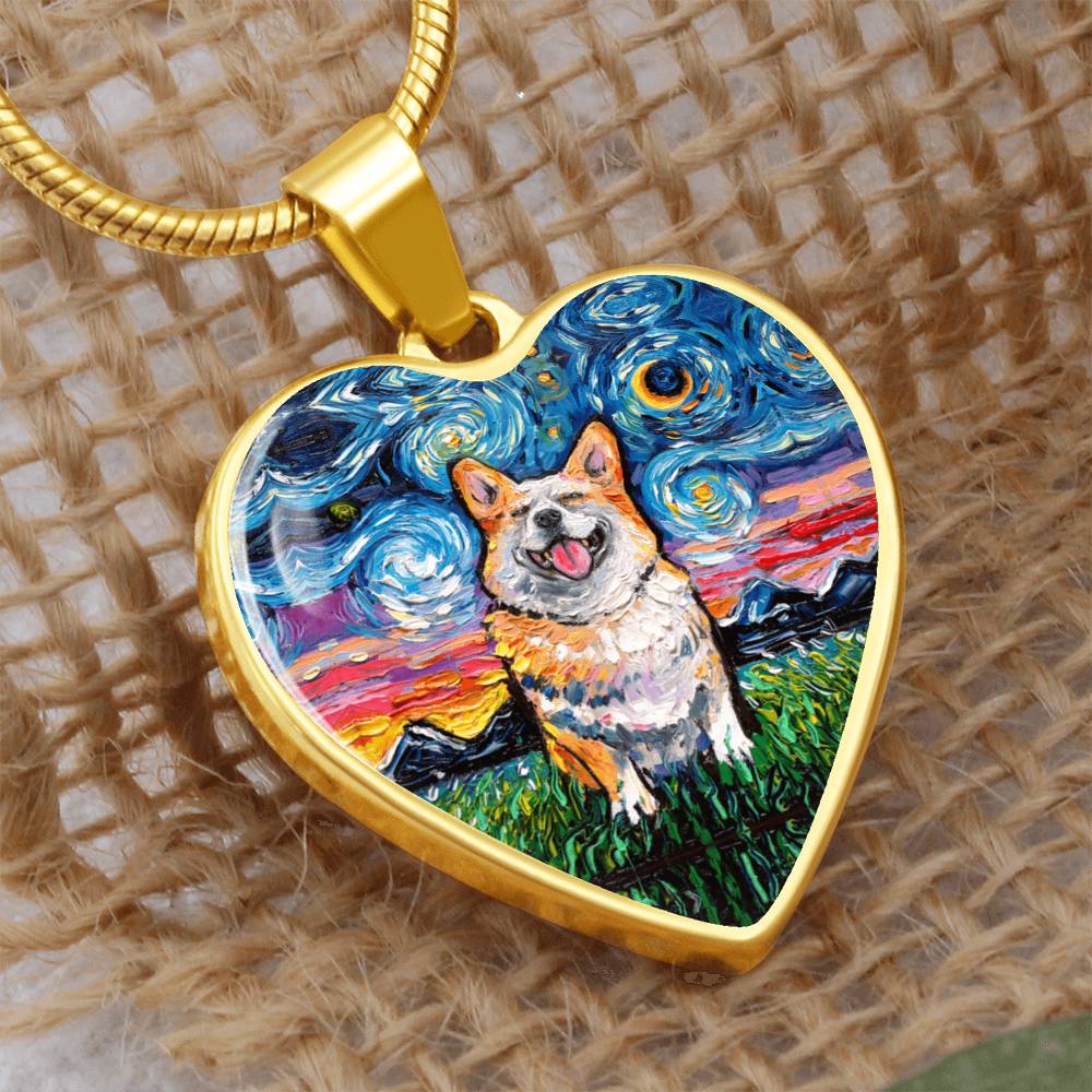 Smiling Corgi Starry Night Heart Necklace