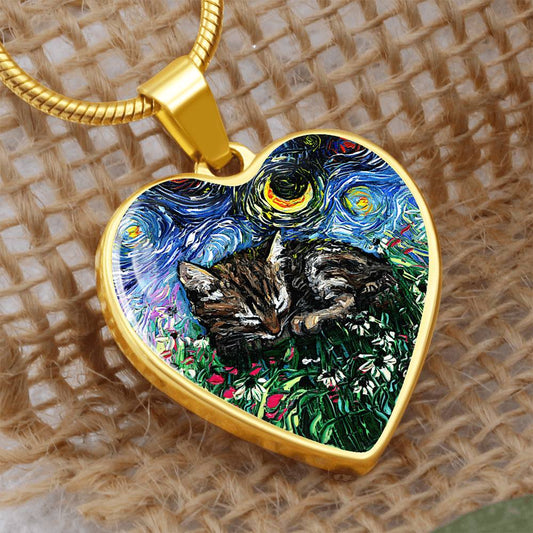 Tabby Kitten Starry Night Heart Necklace