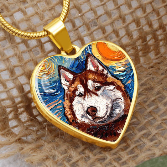 Red and White Husky Portrait Starry Night Heart Necklace
