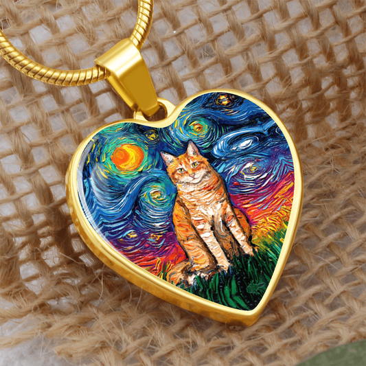 Seated Orange Tabby Cat Starry Night Heart Necklace