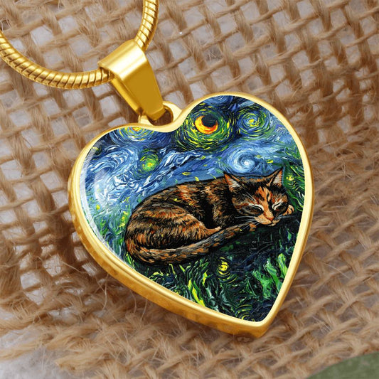 Sleepy Tortie Starry Night Heart Necklace