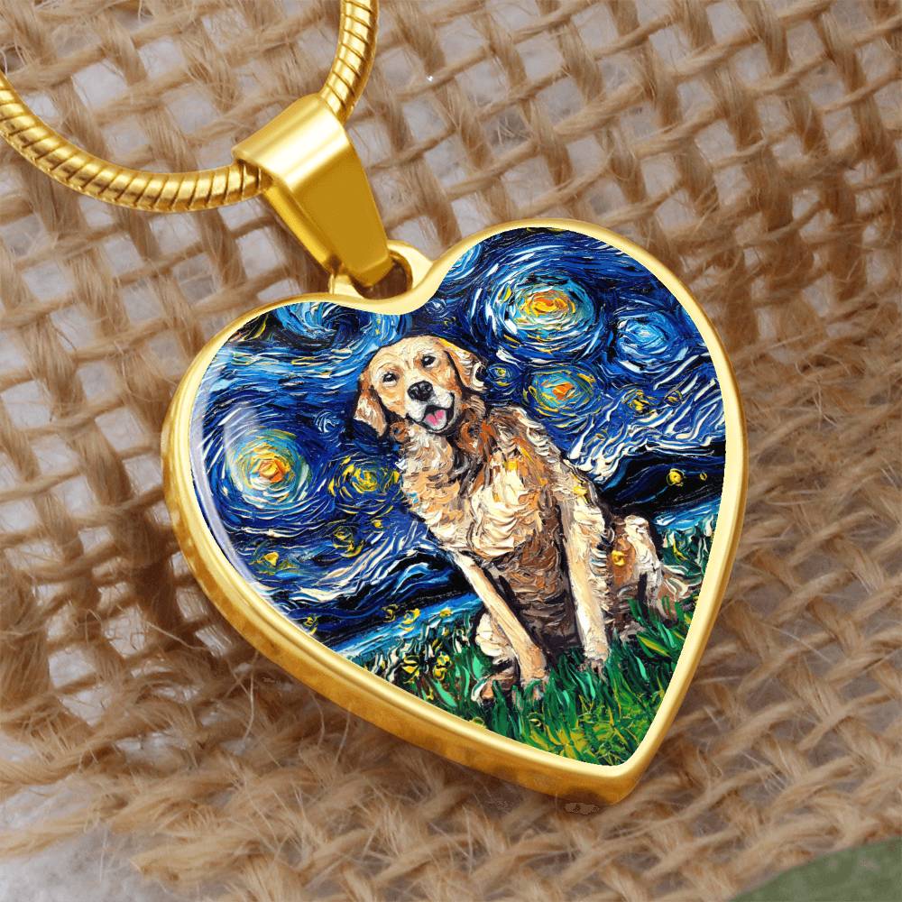 Golden Retriever Starry Night Heart Necklace
