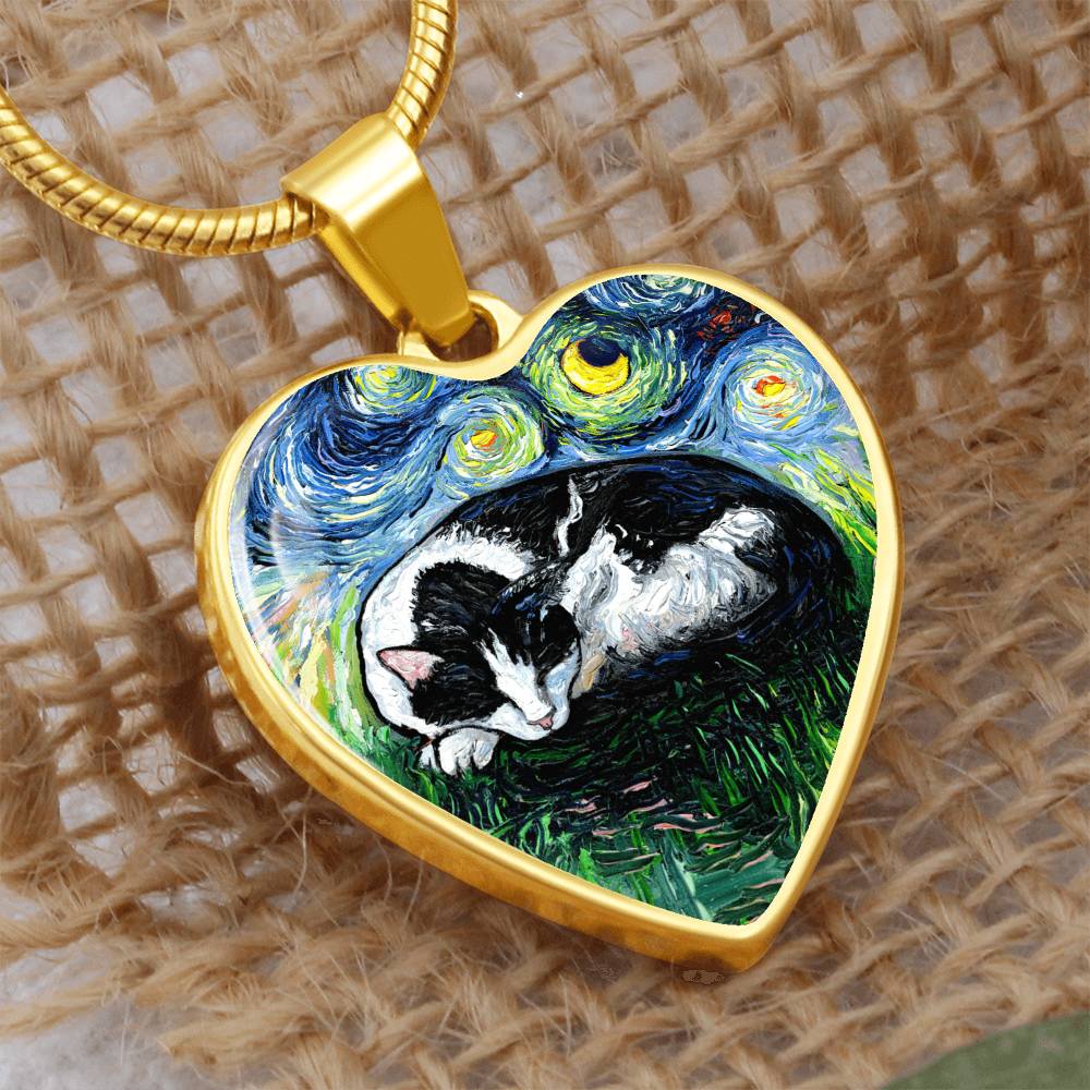 Sleeping Tuxedo Cat Starry Night Heart Necklace