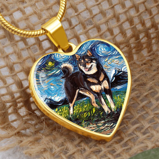 Black and Tan Shiba Inu Starry Night Heart Necklace
