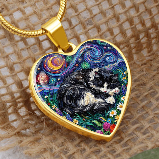 Sleepy Long Hair Tuxedo Heart Necklace