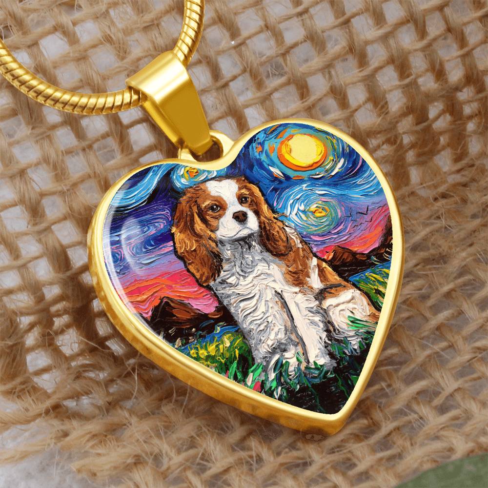 Blenheim Cavalier Spaniel Starry Night Heart Necklace