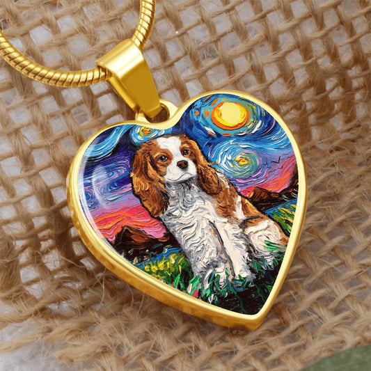 Blenheim Cavalier Spaniel Starry Night Heart Necklace