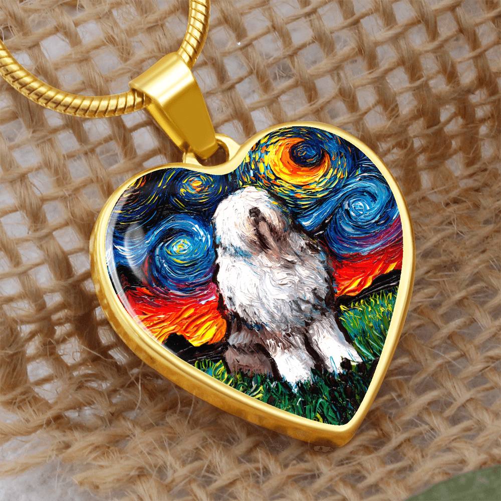 English Sheepdog Starry Night Heart Necklace