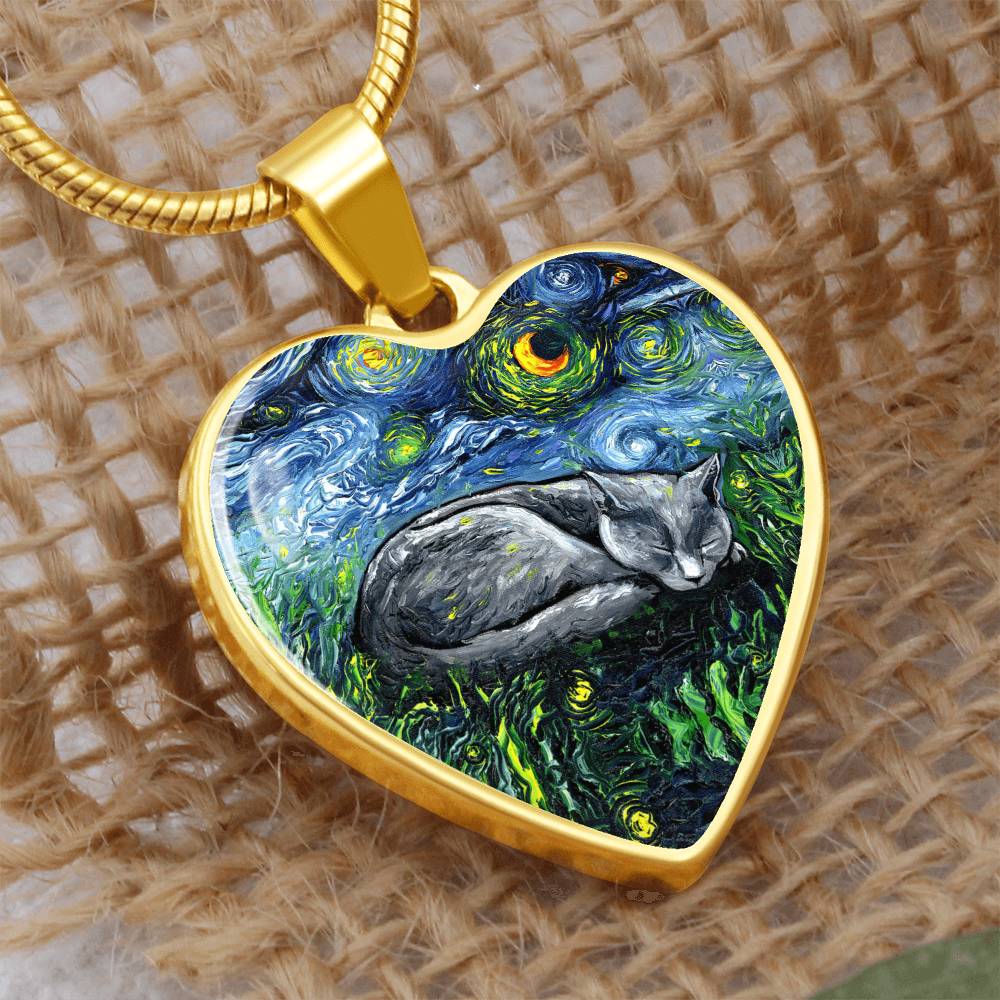 SleepingRussian Blue Cat Starry Night Heart Necklace