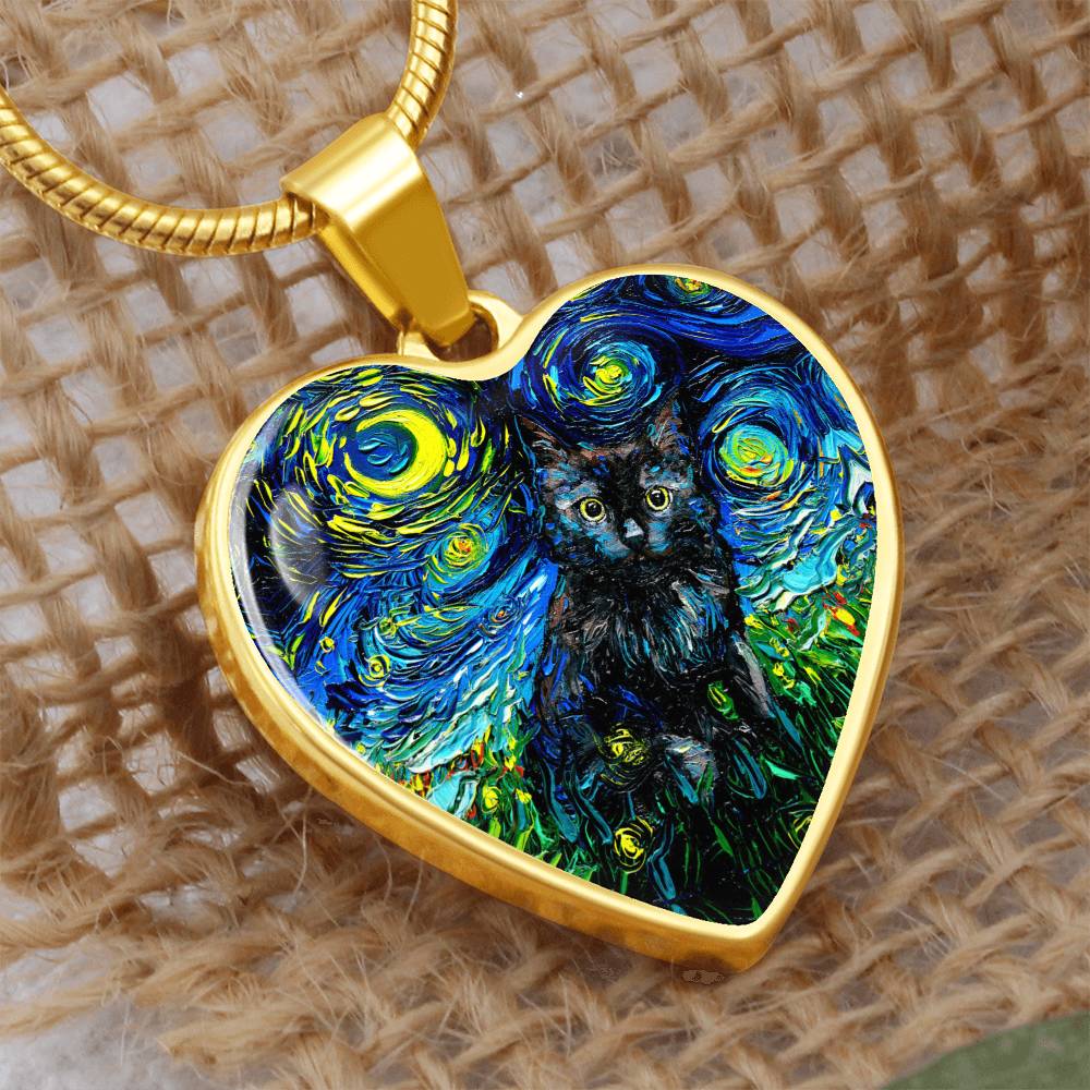 Black Cat Portrait Starry Night Heart Necklace