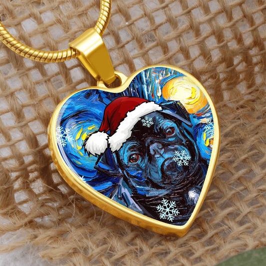 Santa Black Pug Heart Necklace