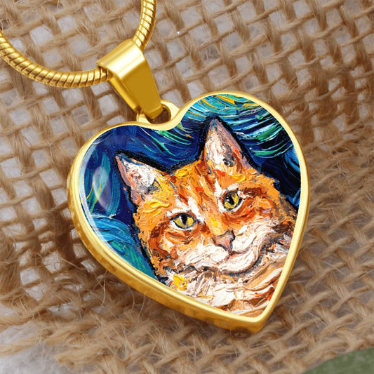 Orange Tabby Cat Portrait Starry Night Heart Necklace