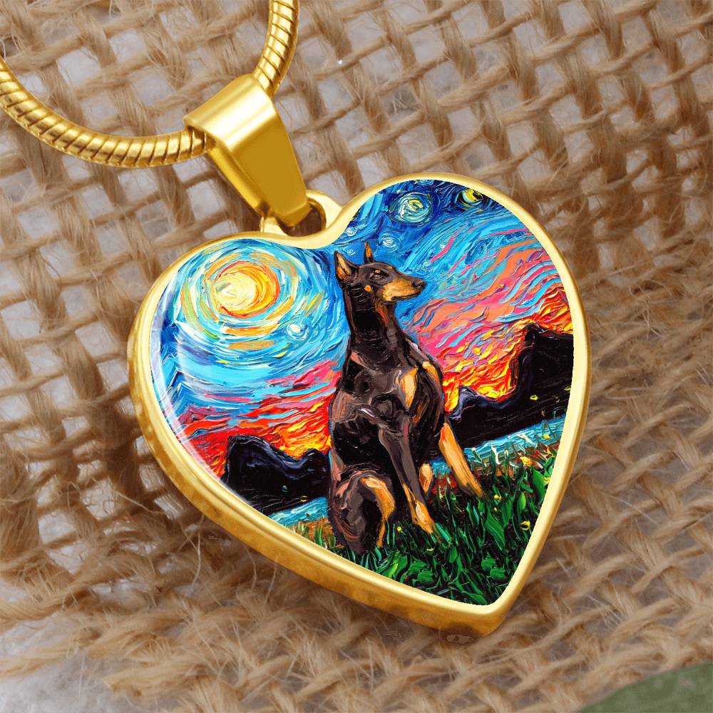 Red Doberman Starry Night Heart Necklace