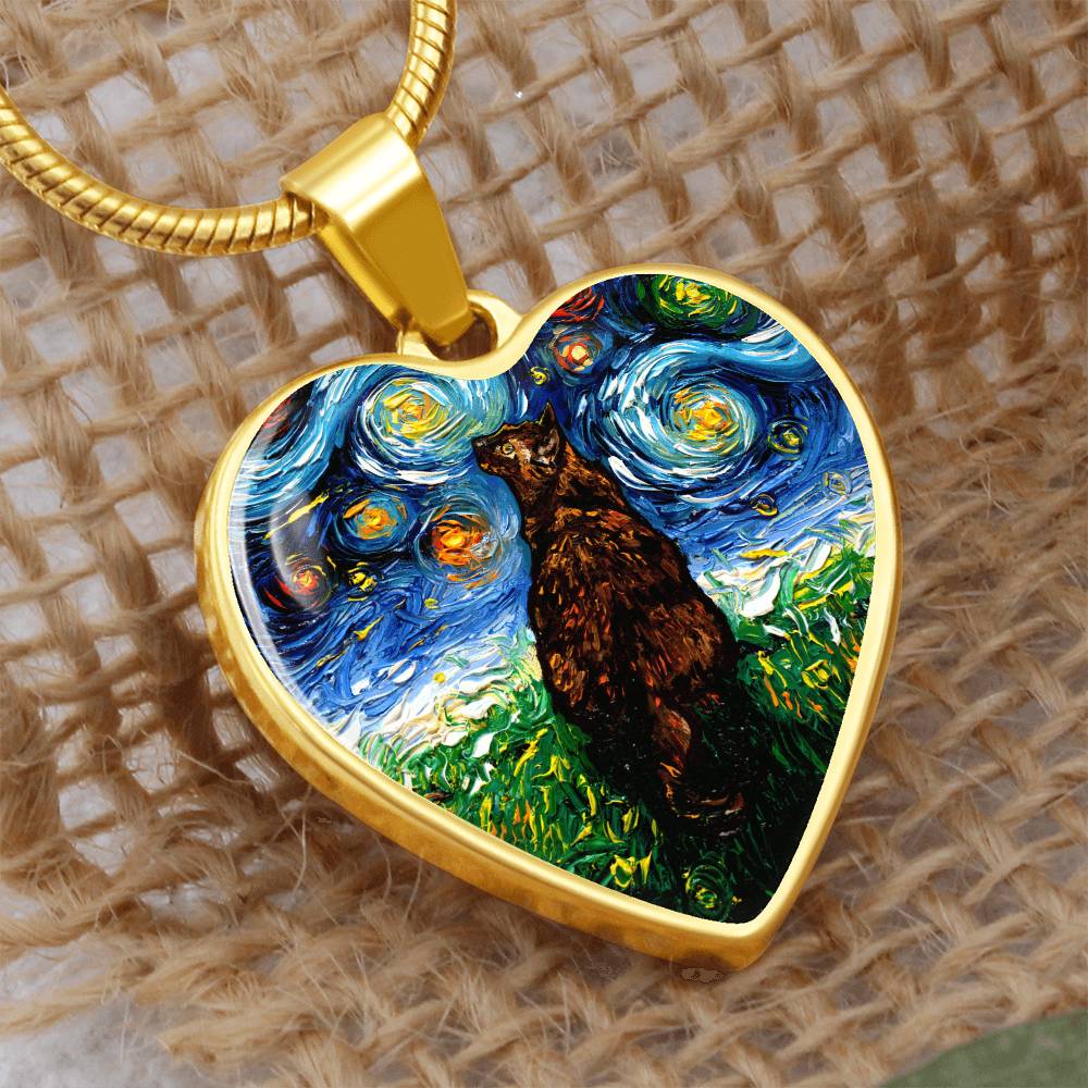 Tortoiseshell Cat Starry Night Heart Necklace