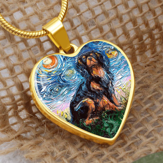 Black and Tan Cavalier King Charles Spaniel Starry Night Heart Necklace