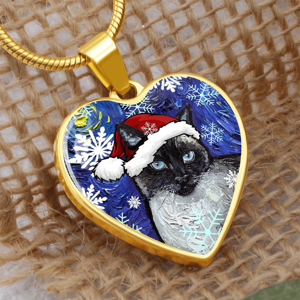 Siamese Cat Christmas Heart Necklace