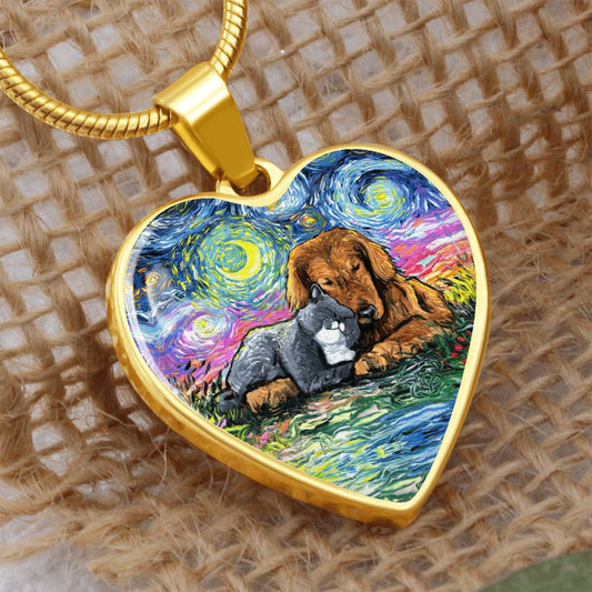 Best Friends Cat and Dog Starry Night Heart Necklace