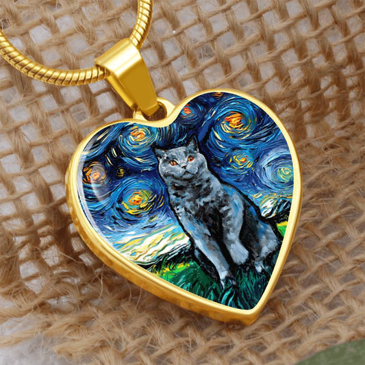 Blue British Shorthair Starry Night Heart Necklace