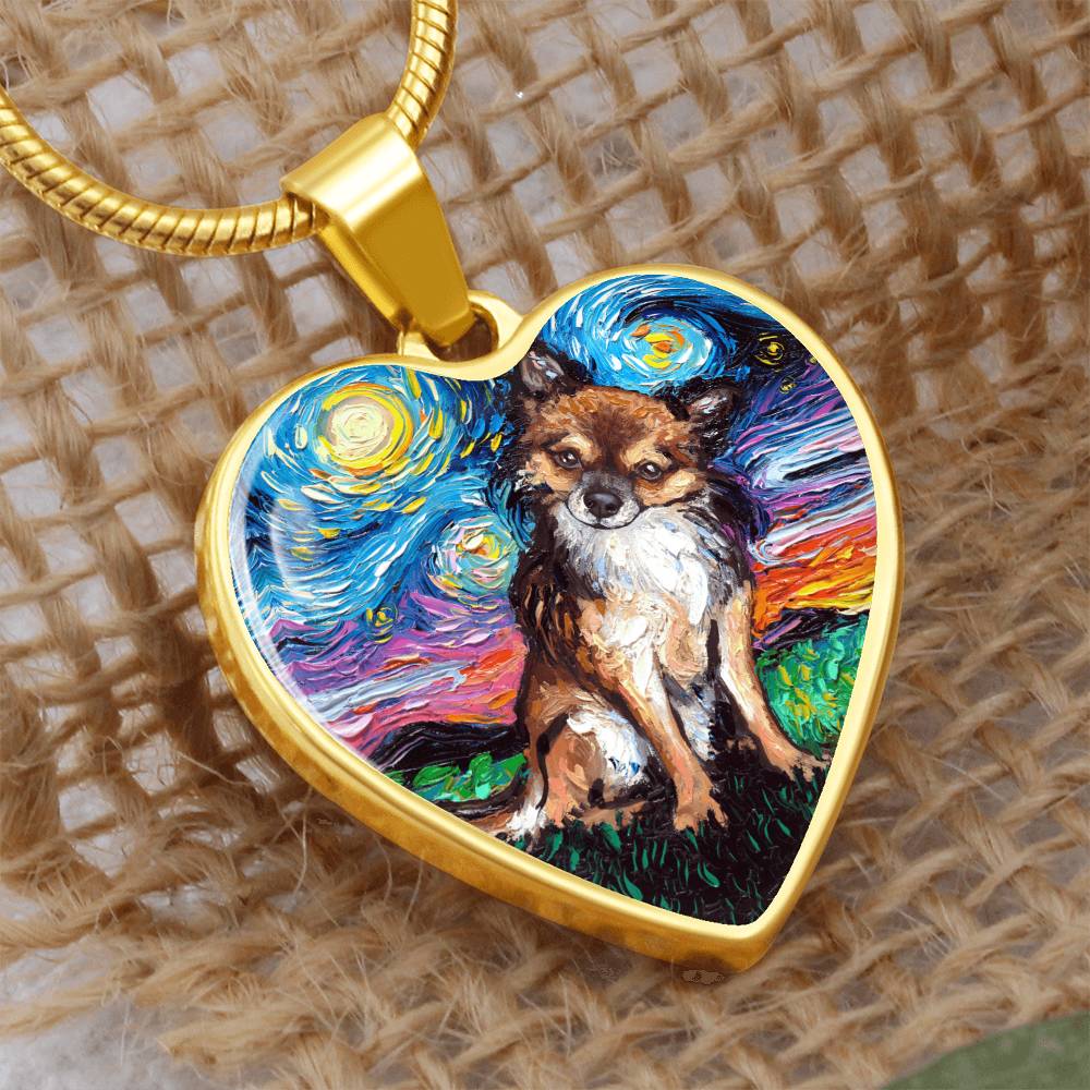 Long Hair Brown Chihuahua Starry Night Heart Necklace