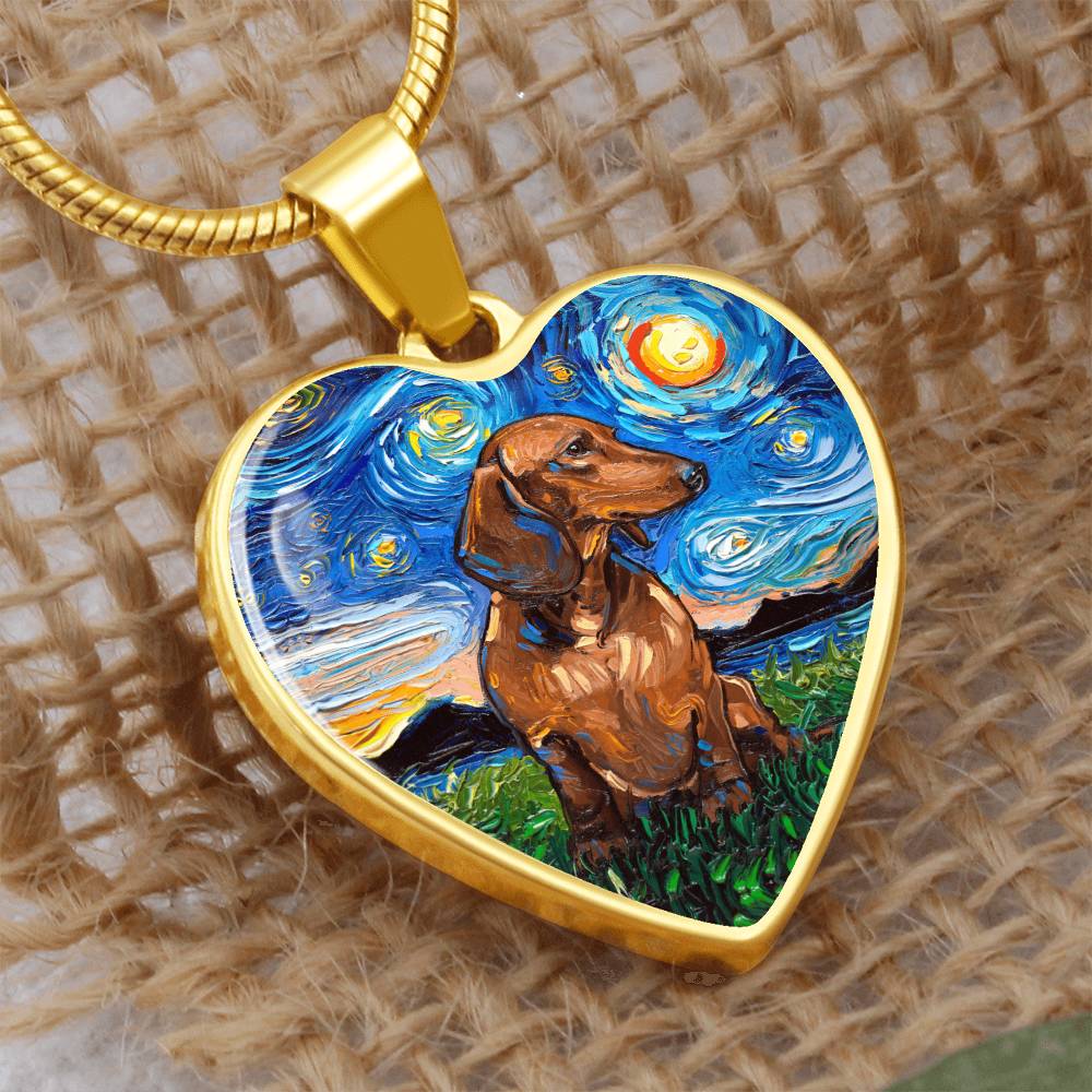 Brown Dachshund Starry Night Heart Necklace