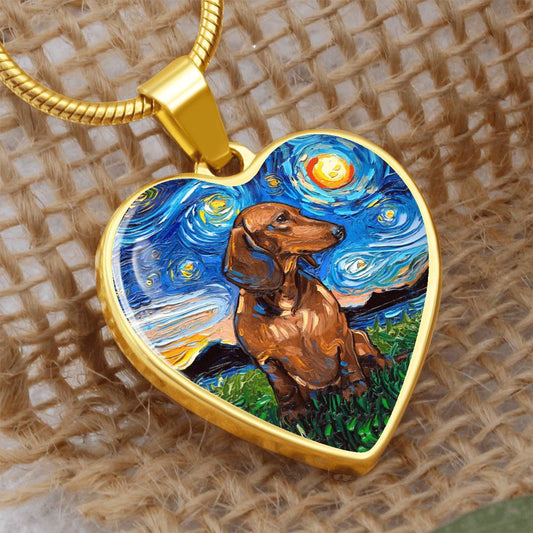 Brown Dachshund Starry Night Heart Necklace