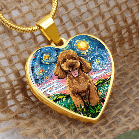 Apricot Poodle Puppy Starry Night Heart Necklace