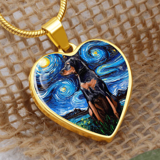 Black and Tan Coonhound Starry Night Heart Necklace