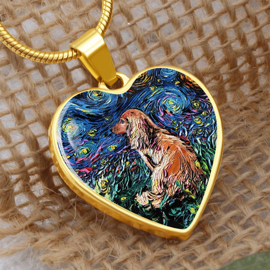 Brown Long Hair Dachshund Starry Night Heart Necklace