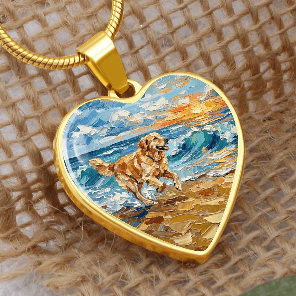 Frolicking Golden Retriever Heart Necklace