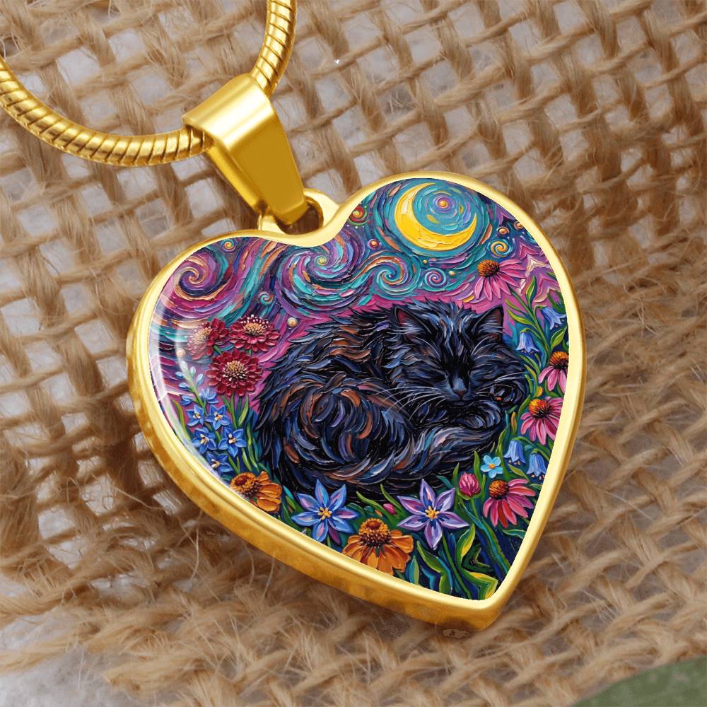 Amongst The Flowers - Sleepy Black Cat Heart Necklace