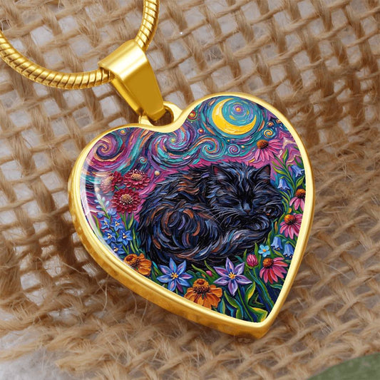 Amongst The Flowers - Sleepy Black Cat Heart Necklace