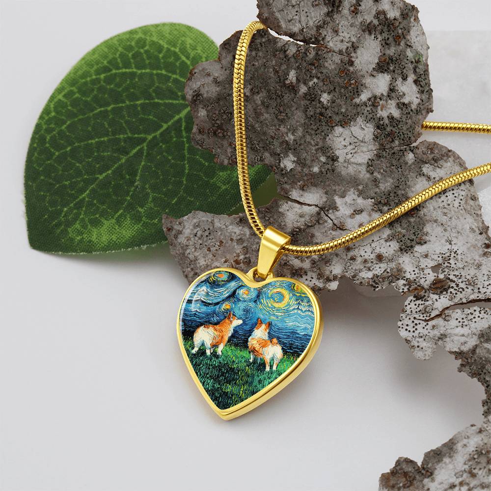 Corgi Starry Night Heart Necklace
