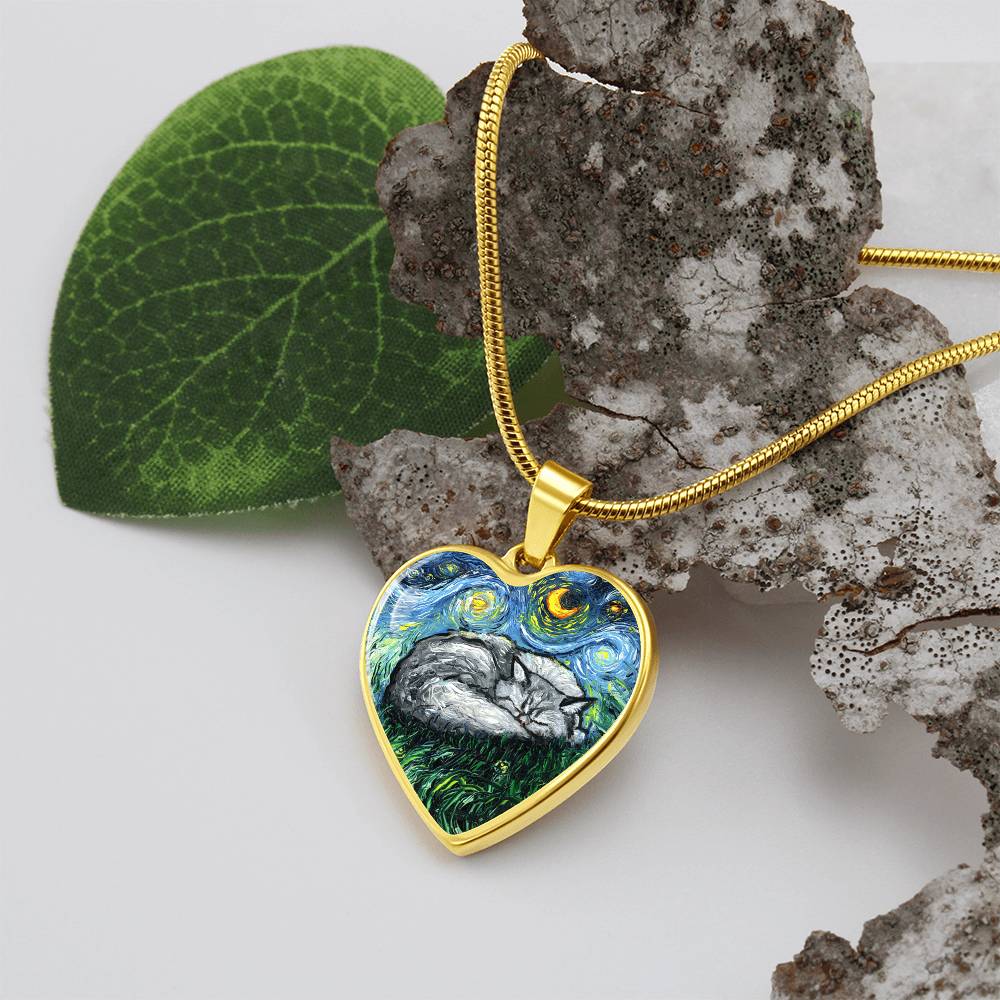 Sleeping Persian Cat Starry Night Heart Necklace