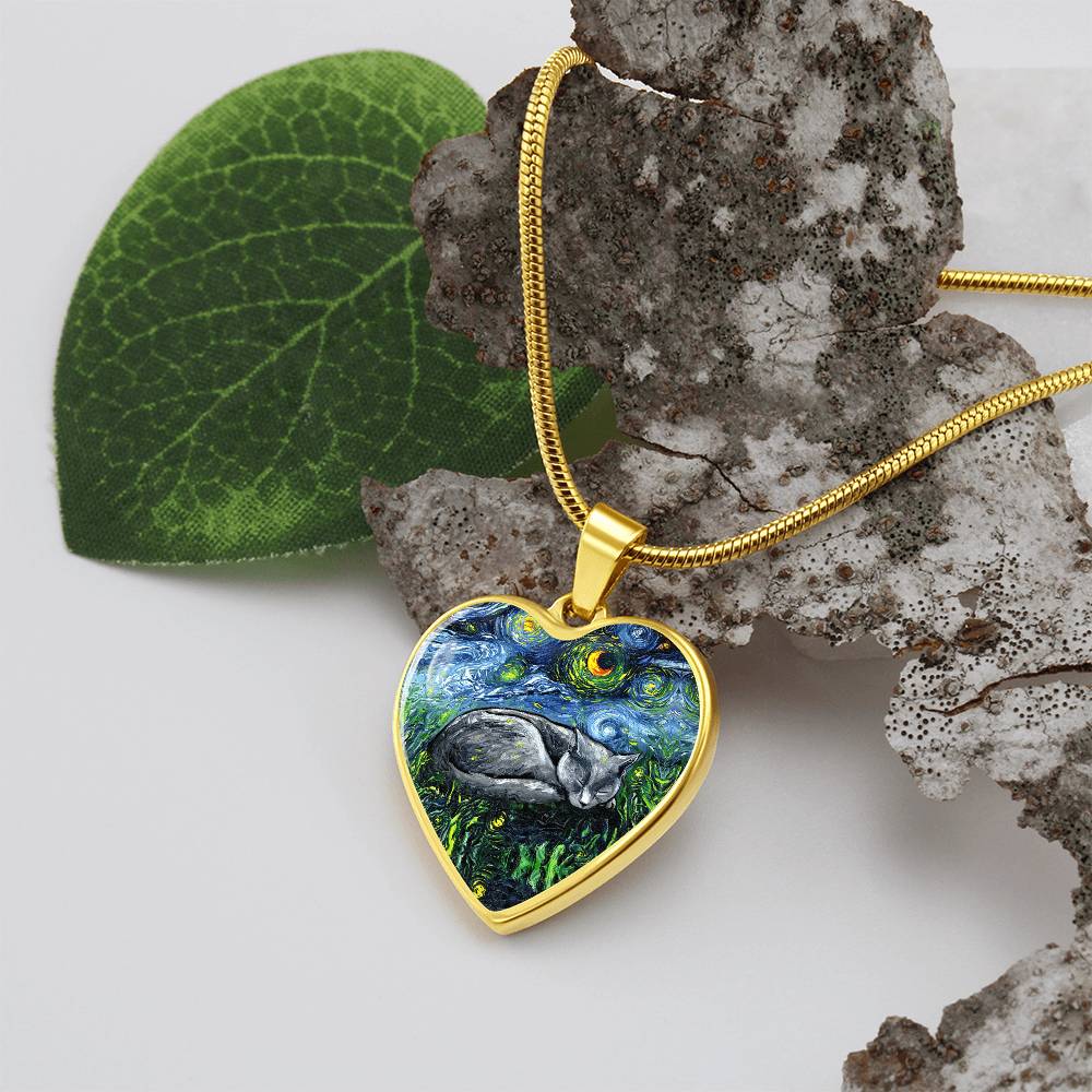 SleepingRussian Blue Cat Starry Night Heart Necklace
