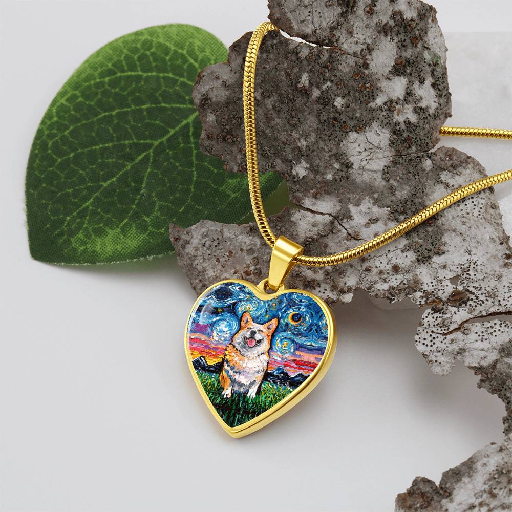 Smiling Corgi Starry Night Heart Necklace