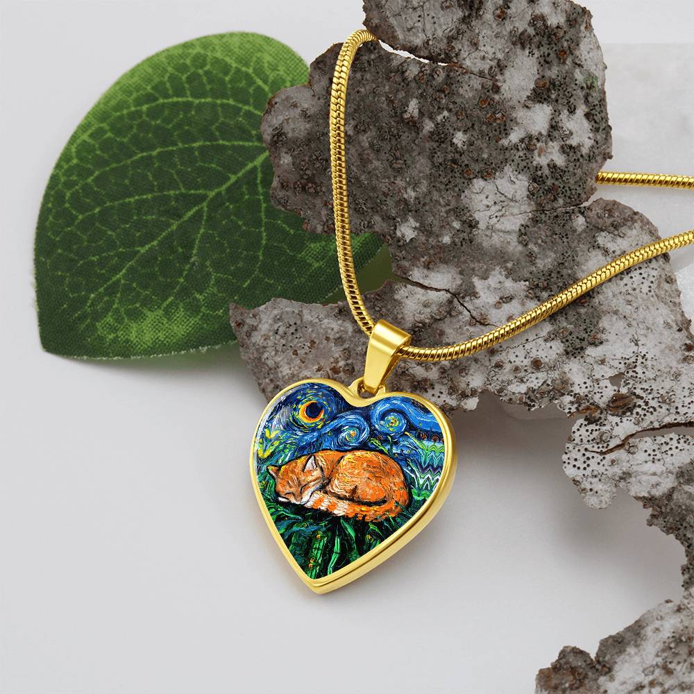 Sleepy Orange Tabby Cat Heart Necklace