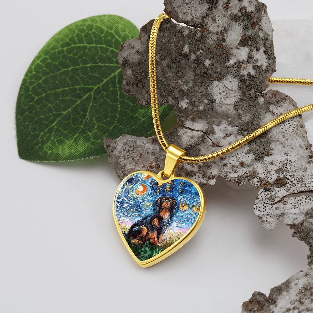 Black and Tan Cavalier Spaniel Starry Night Heart Necklace