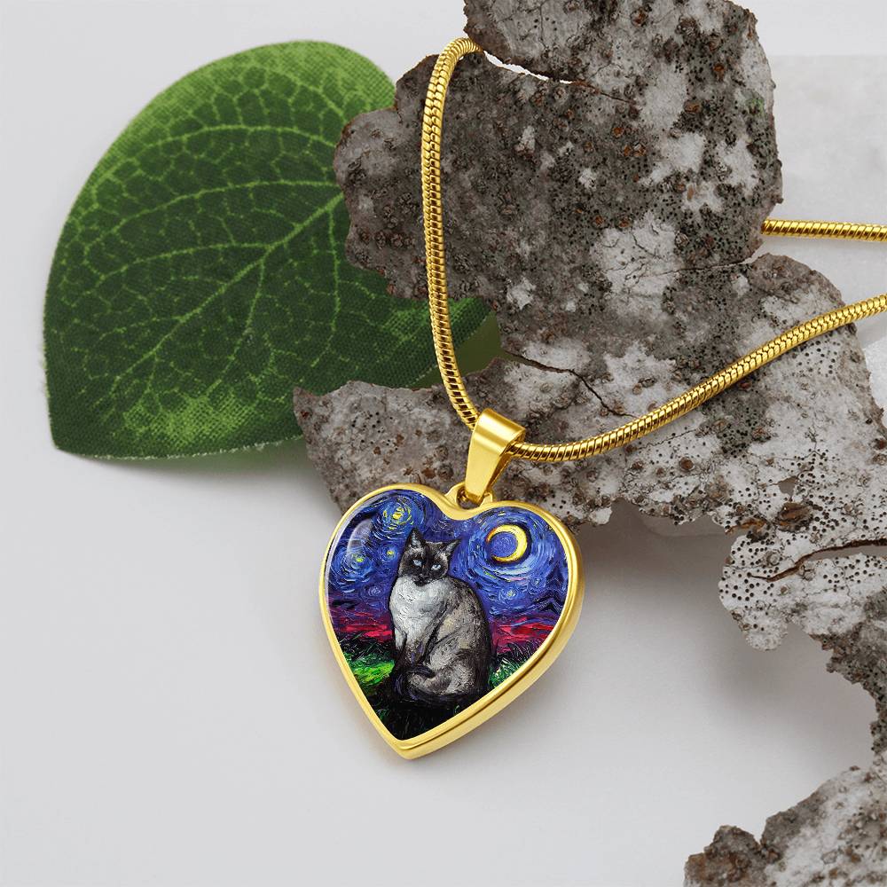 Siamese Cat Starry Night Heart Necklace