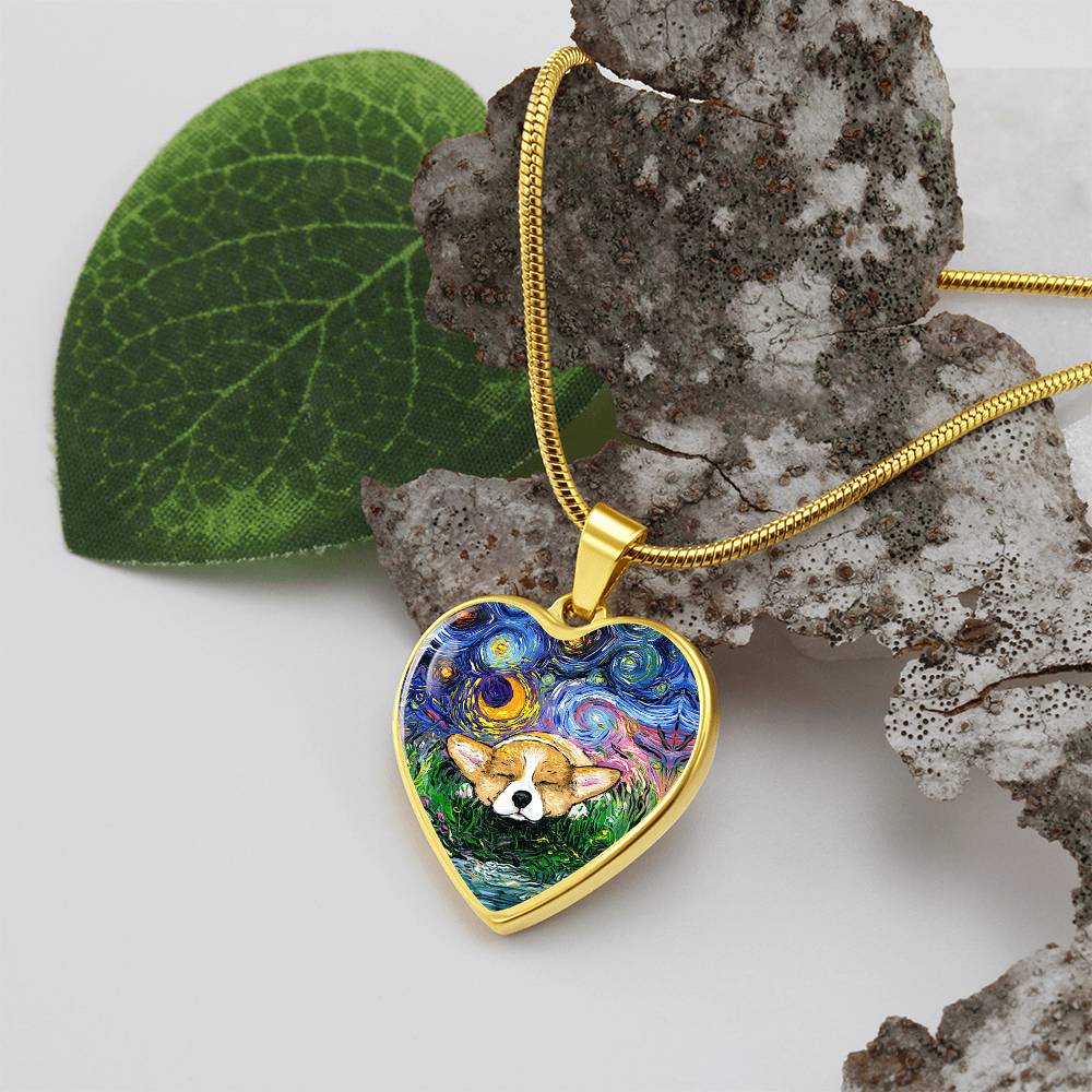 Sleeping Corgi Starry Night Heart Necklace