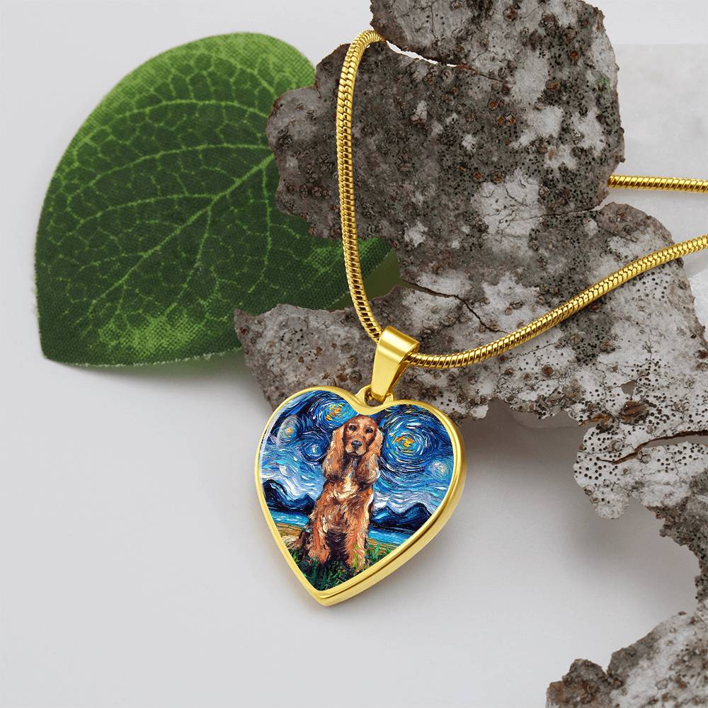Red Cocker Spaniel Starry Night Heart Necklace