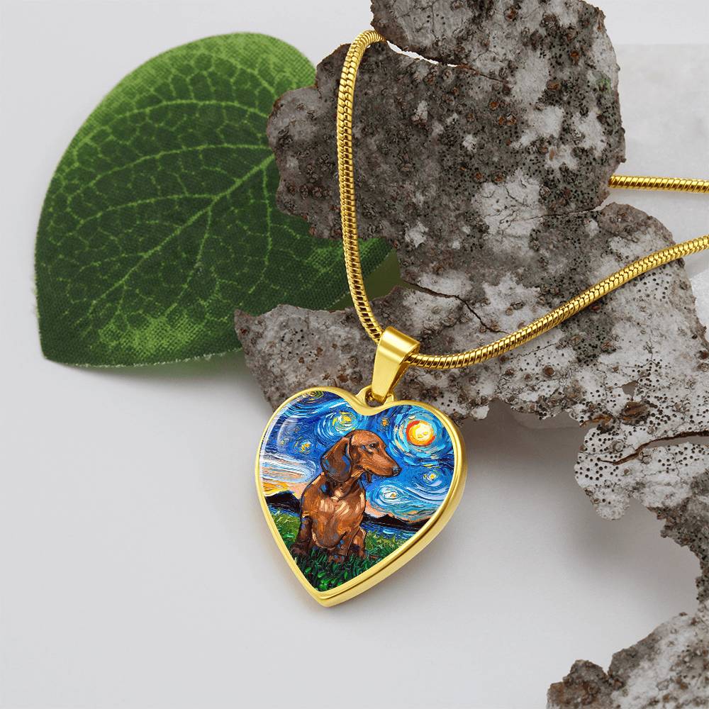 Brown Dachshund Starry Night Heart Necklace