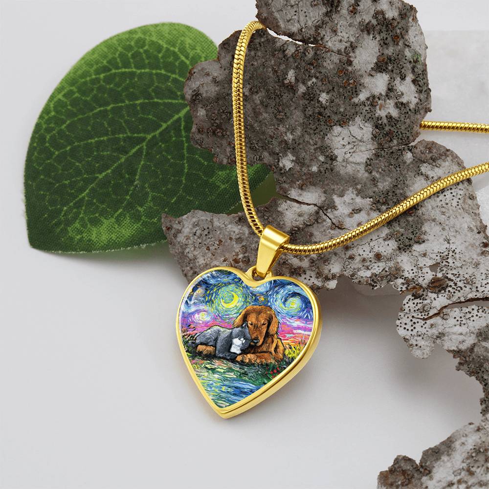 Best Friends Cat and Dog Starry Night Heart Necklace