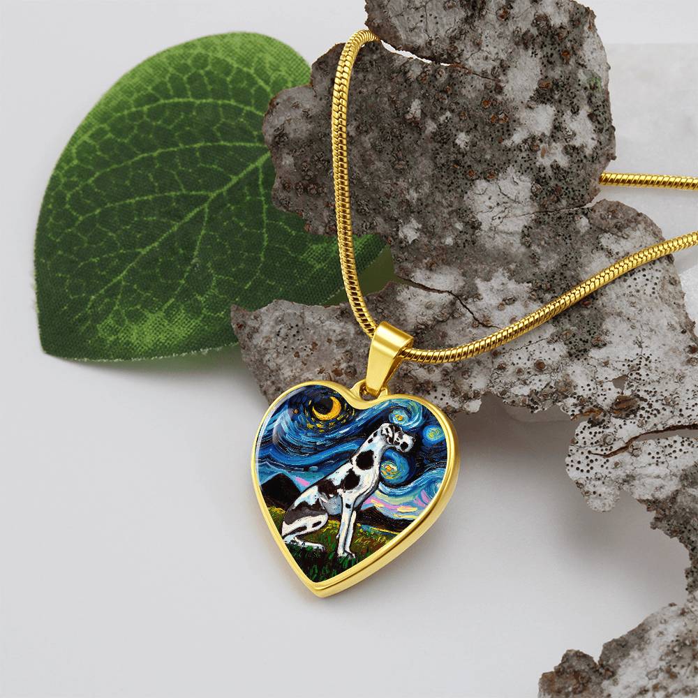Harlequin Great Dane Starry Night Heart Necklace