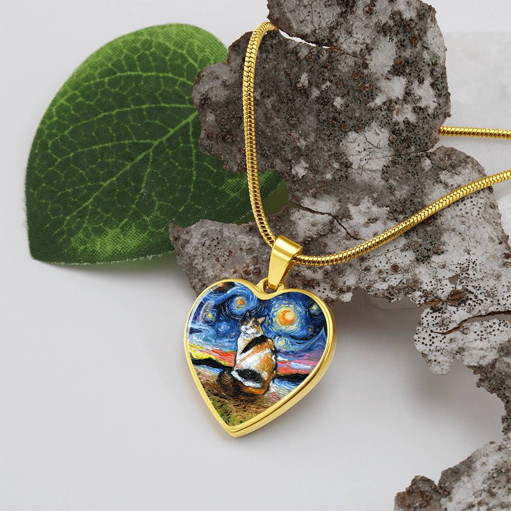 Calico Cat Starry Night Heart Necklace